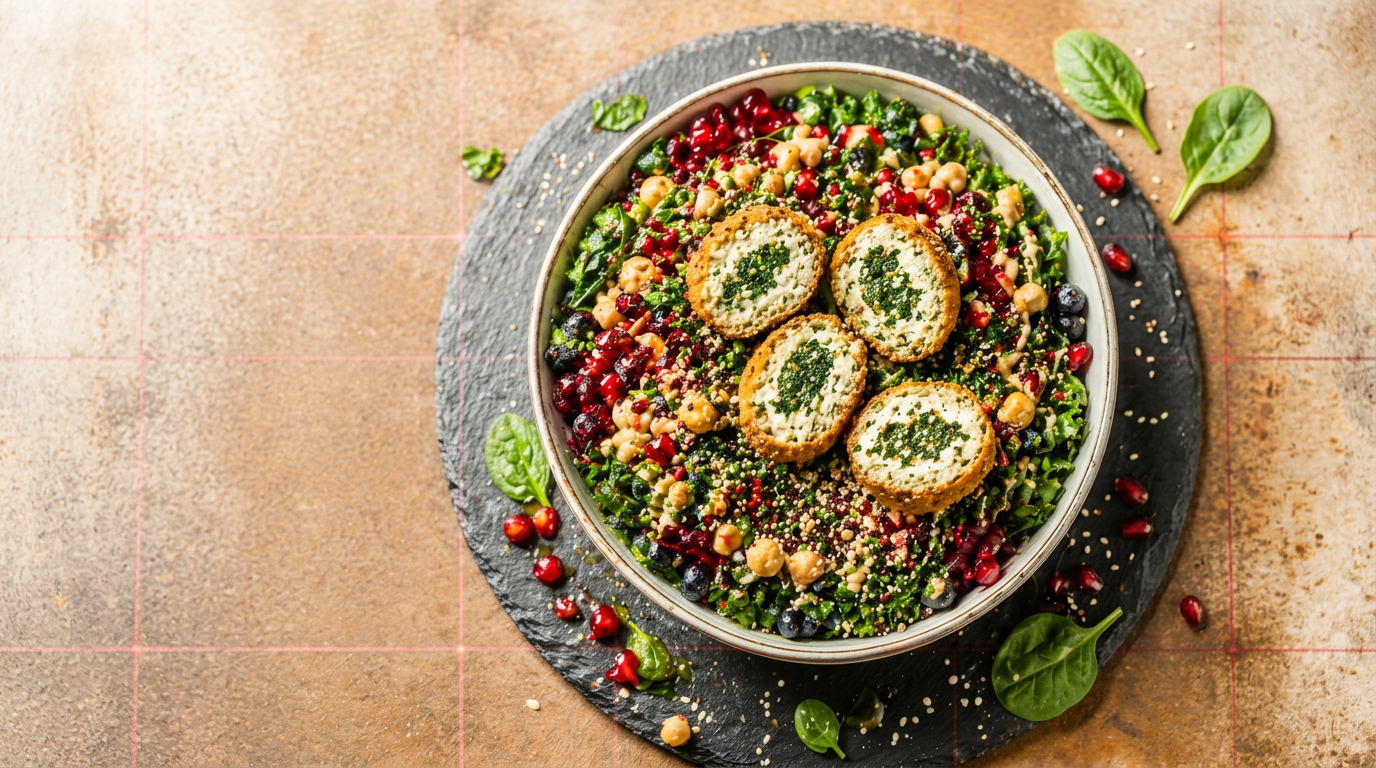 Microbiome bowl with spinach, blueberries, pomegranate, chickpeas, figs and sesame