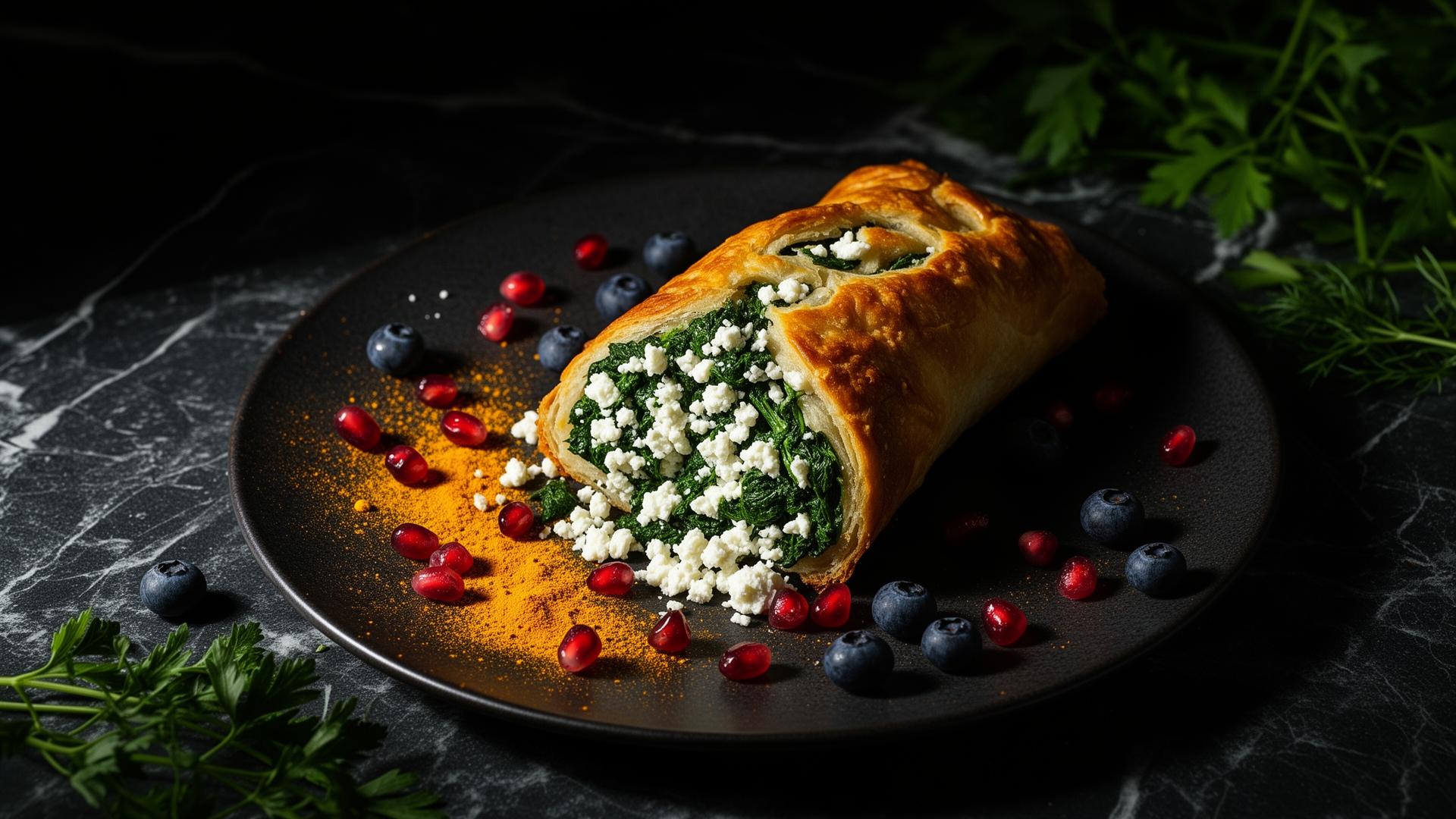 Stella Moses spinach-feta belly on dark marble